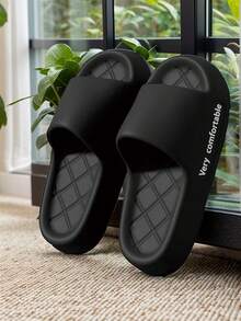 Summer New Men's Slippers, Rhombus Massage Soft Comfortable Solid Color, Casual Simple Versatile Suitable For Wearing In Dorm, Indoor And Outdoor, EVA Material Odor-Resistant Unisex House Slippers - Black - View 13
