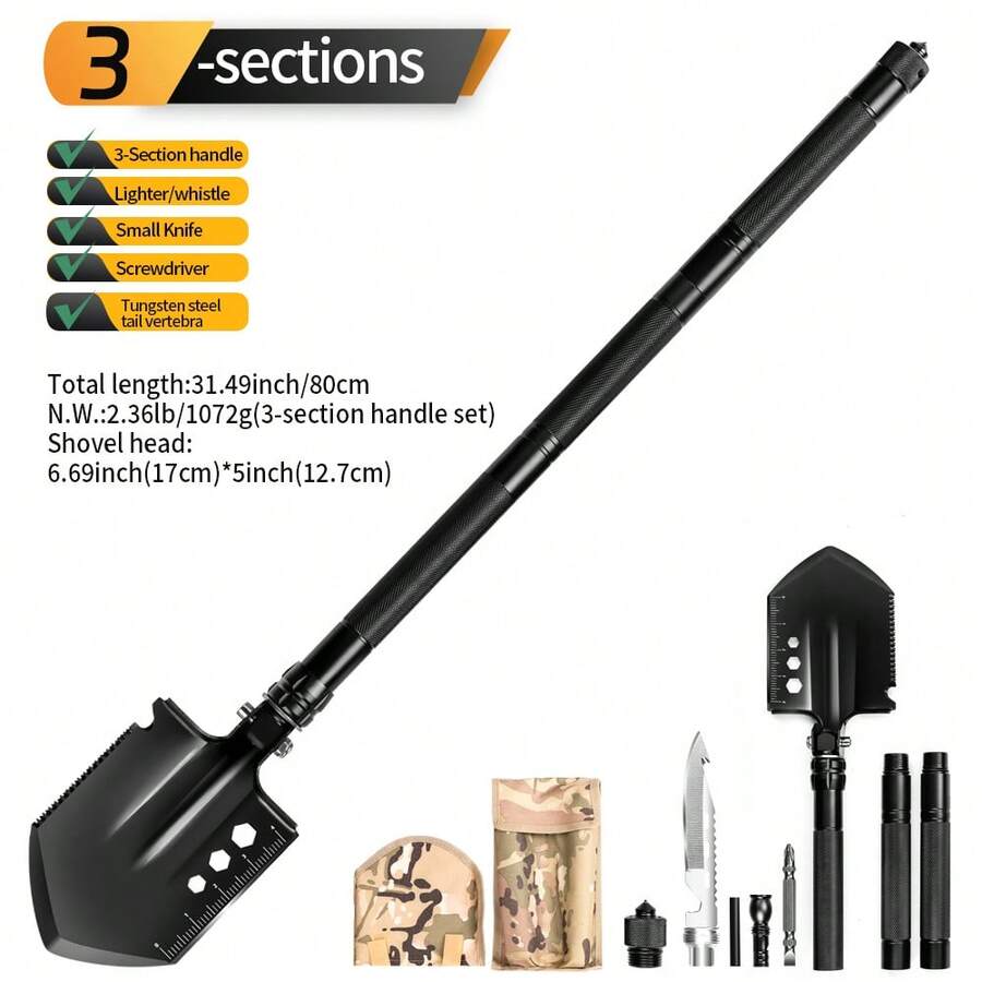 Tungsten Steel Multifunction Camping Shovel 15+ In 1 Survival Tool With Rope Cutter, Hex Wrench, Bottle Opener, Saw, Measure Ruler, For Hiking, Camping, Off-Roading, - Long Outdoor Shovel - View 1
