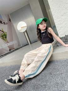 Tween Girls Striped Side Pockets Sports Sweatpants