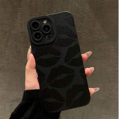 唇印时尚黑色TPU性感唇形图案防震全包手机壳，1个装，兼容 16/15/14/13/12/11 Pro Max系列，国际版，非国内版，春季生日礼物派对适用