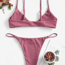 Women Summer Split Swimwear Set, Adults Women Simple Style Solid Color Ring Decoration Bikini Sexy Backless Swimsuit - Pink - View 3