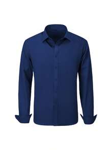 Men's Shirt Solid Color Versatile Banquet Festival Daily Wedding Tuxedo Formal Long-Sleeved Outfit Men Single-Breasted Size XS-XXXL 1PC Fall Clothes For Men - 藏青色 - 查看 4