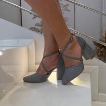 Women's Pumps Shoes Cross Straps High Heel 8 Cm Thick Shiny Elegant Original Show Show - 銀色 - 查看 2