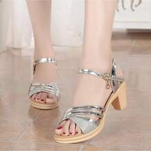 Sandalias de tacón grueso con correa de una sola pieza, punta abierta, tacón alto, sandalias de tacón alto, zapatos de mujer, zapatos, zapatos deportivos de mujer. - Plateado - Ver 1