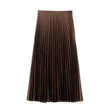 Women's Solid Color Long Sleeve Spring New Elastic High Waist Pleated Hem Dress - Brown - View 5