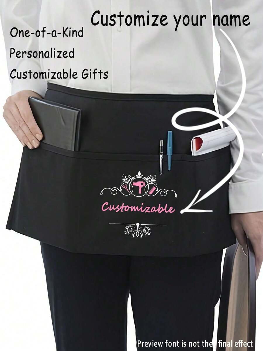 1Pc Personalized CustomUnisex Polyester Apron With 3 Pockets - Customizable Short Half Waist Waiter Work Uniform Hair Stylist Black Apron Hairdresser Beauty Salon Cosmetologist Cosmetology School Barber Gift Custom,For Kitchen, Hotel, Restaurant, Cooking, Baking, And Chef Use, Perfect For Personalized Text Or Logo - Multicolor - View 1