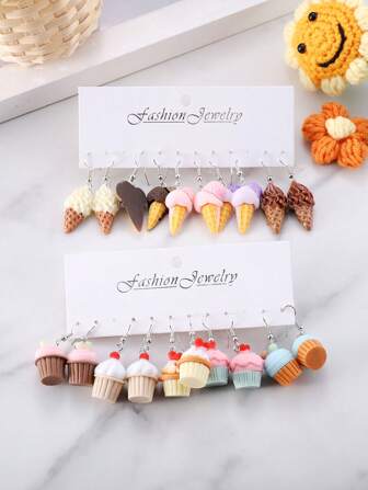 5 Pairs Cute 3D Simulated Bubble Tea, Cake, Ice Cream Dangle Earrings Set, Macaroon Color Realistic Resin Sweet Snack Earrings For Women, Spring/Summer Accessory, Party Favor Gift