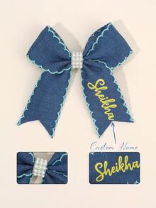 1pc Customized Hair Bow For Girls Elegant Pearl Bow Hair Clips Custom Print Name Hair Bow Alligator Clips For Girls Gifts Decor Hair Accessories For Wedding Party Vacation Personlization Gifts For Children - Blue Bow - View 2
