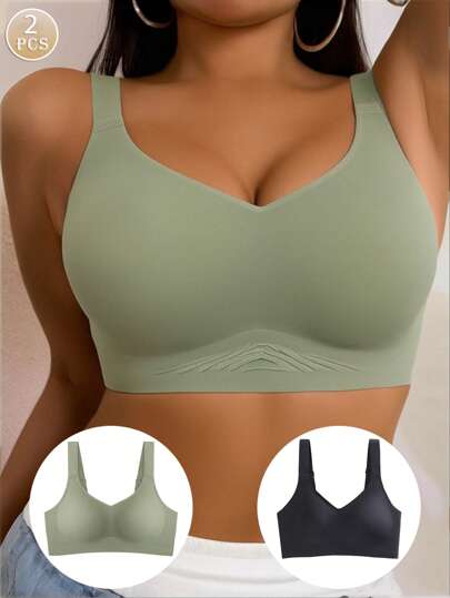 Conjunto de sutiã básico confortável de cor sólida simples plus size 2 peças/conjunto