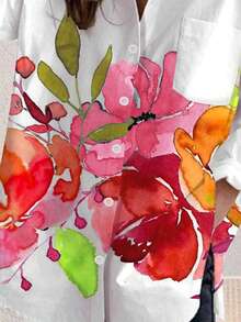 女士休闲时尚花朵长袖衬衫 - 粉色 - 查看 2