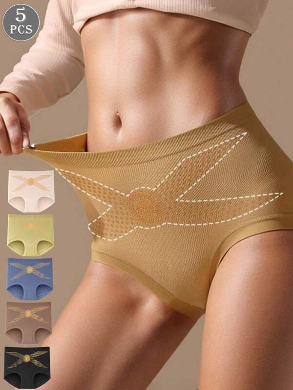 5 pièces/Paquet Culottes taille haute sans coutures multicolores pour femmes, culottes triangulaires amincissantes à la taille