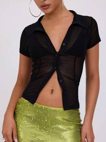 Women.S Summer Button Through Sheer Mesh Shirt,Black Semi-Sheer Fitted Sexy Short Sleeve Blouse - Black - View 2