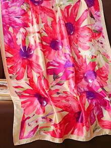 1 件女士花卉印花仿丝围巾，百搭披肩，适合海滩、防晒、空调、时尚配饰 - 玫紅色 - 查看 2