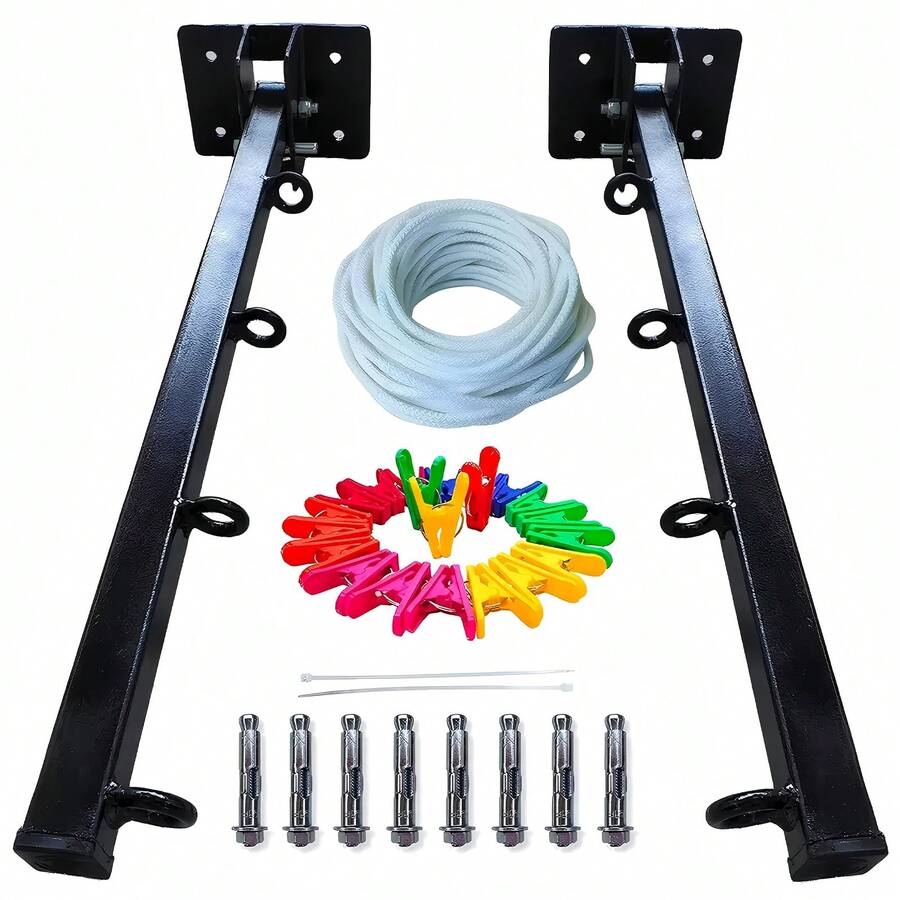 Tendedero de Ropa de Pared Plegable, Ganchos para Percheros de Pared Metalico, Rack de Secado de Ropa Plegable, Tendedero Retráctil de Metal Reforzado con 20 Pinzas Y Cuerda - Negro - Ver 1