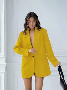 Chaqueta blazer de mujer de unicolor con manga larga y bolsillo con botones A482, para otoño/invierno - Amarillo - Ver 3