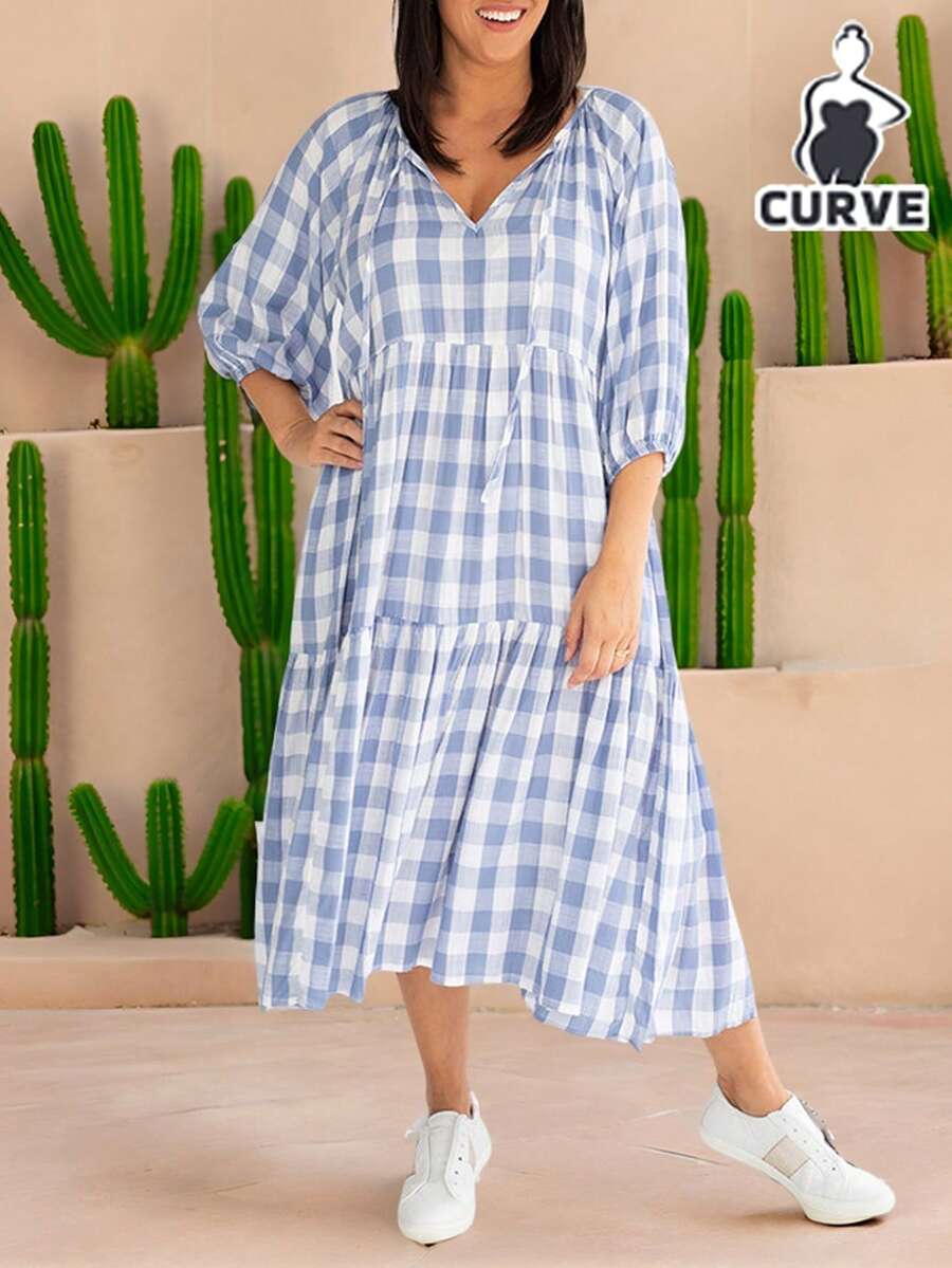 QIANZHIDU Plus Size Summer Dresses Long Sleeve Simple Fashion Casual Daily Vacation Outfits Woman Beach Outfits For Woman 4th Of July - Blue - View 1