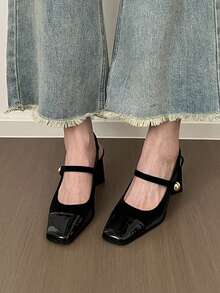 Vintage Square Toe French Style High Heel Sandals, Fashion Peep-Toe High Heels Shoes For Women, Sexy Elegant Mary Jane Pumps With Chunky Heel, Backless Hook-And-Loop For Dating, Bridesmaid, All Season