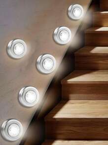 6/3/1 Luz de presión plateada, 3 luces nocturnas inalámbricas LED, diseño de interruptor de presión circular de luz amarilla/blanca, carcasa de material ABS, luz de pared adecuada para iluminación del hogar, pasillo, baño, dormitorio, cocina, gabinete, escaleras, iluminación de automóvil (excluyendo la batería)