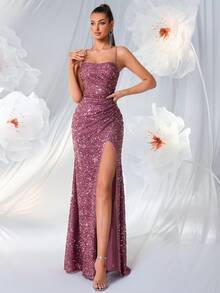 ADYCE Đầm dự tiệc hở lưng buộc dây phía trước bằng vải sequin cho nữ, trang trọng, váy dạ hội, cho khách dự tiệc cưới - Bụi hồng - Xem 7
