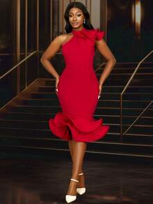 Ladies Easter Red Halter Sexy Ruffles Mermaid Party Event Stylish Graduation Red Dress Valentine's Day, For Birthday, Wedding Guest, Graduation, Dinner, Homecoming, Outfit For Date,Party,Wedding Dress,Bridesmaid Dress,Graduation Dress,Wedding Guest,Cocktail - Red - View 3