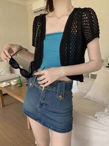 1pc Lightweight Perforated Mesh Shawl Cardigan, Versatile Summer Cover Up, Short Sleeve, Thin, Women For Dress - Knitted Shawl - View 9