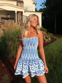 全新夏季女式优雅时尚性感蕾丝拼布荷叶边下摆花卉印花连衣裙，波西米亚风海滩度假连衣裙 - 藍色 - 查看 4