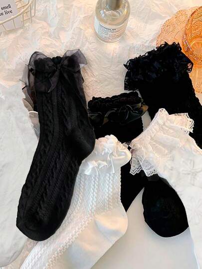 6 Paar charmante, niedliche Socken mit Schleifen- und Rüschen-Design - japanischer Mode Crew-Stil - weiche, bequeme Damen Strümpfe - bringen Sie helle Farben in Ihren Kleiderschrank