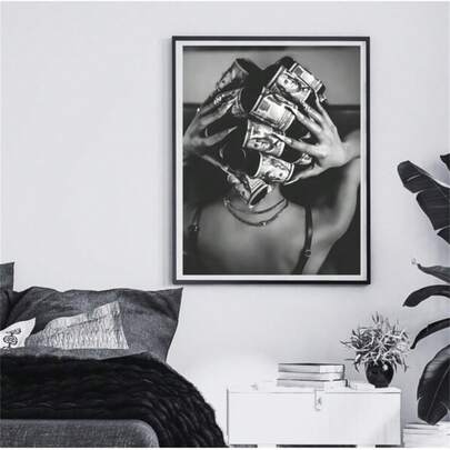 1 Pc With Money On Head Print, Black And White, Luxury Fashion Wall Art, Maximalist Room Decor,Room Decor Living Room Decor Office Decor Bedroom Decor Kitchen Decor Bathroom Decor Room Decoration Stuff Wall Decor Home Decor Unframed