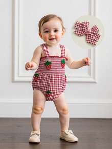 Baby Girl Strawberry Outfit Plaid Smocked Sleeveless Overall Romper Te-Up Headband Cute Summer Clothes 2Pcs Set