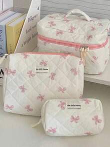 3pcs/1pc Quilted Bow Cosmetic Bag, Fashion Portable Makeup Pouch, Cosmetic Bag Set Make Up Bag Emergency Kit Girls School Bag, Multi-Function Storage Bag, Large Capacity Cute Toiletry Bag, Mini Makeup Brush Bag, Printed Vanity Case, Assorted Styles, Fits Lipstick, Sanitary Pad, Coin, Keys, Cosmetics, Jewelry, Suitable For Home, Bedroom, Bathroom, Travel, Outdoor, Mom, Girl, Gift Home Bathroom Decor Summer Holiday - White Pink - View 1