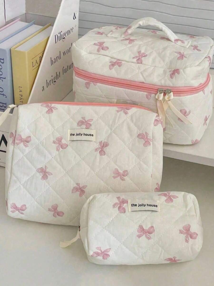 3pcs/1pc Quilted Bow Cosmetic Bag, Fashion Portable Makeup Pouch, Cosmetic Bag Set Make Up Bag Emergency Kit Girls School Bag, Multi-Function Storage Bag, Large Capacity Cute Toiletry Bag, Mini Makeup Brush Bag, Printed Vanity Case, Assorted Styles, Fits Lipstick, Sanitary Pad, Coin, Keys, Cosmetics, Jewelry, Suitable For Home, Bedroom, Bathroom, Travel, Outdoor, Mom, Girl, Gift Home Bathroom Decor Summer Holiday - White Pink - View 1