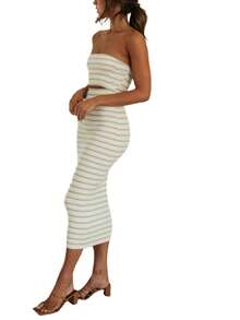 Women Y2K Summer Strapless Maxi Tube Dress Sleeveless Backless Hollowed Striped Patchwork Long Bodycon Dress Party Clubwear