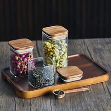 1 件长方形相思木盖玻璃容器，用于储存谷物、麦片、咖啡、密封保鲜罐