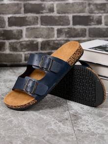 Women's Blue Adjustable Double Buckle Soft Cork Sandals, Open Toe Slides With Arch Support, Comfortable Beach Shoes For Casual, Vacation, Pool And Daily Wear - Navy Blue - View 2