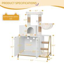 HaluPeit Cat Litter Box Enclosure With Cat Tree, 4-In-1 Modern Cat House With Large Platform, Cat Condo With Sisal Scratching Mat, Posts, Stairs And Pompom, Washable Cushions, White And Gold - White - View 8