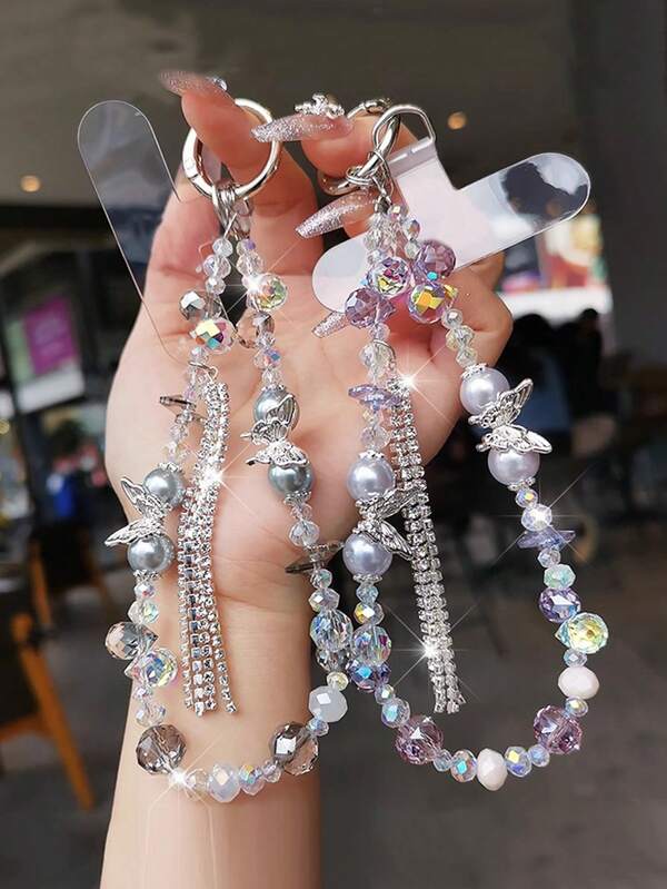 1pc Butterfly Tassel Pearl Crystal Mobile Phone Chain, Handmade Niche Phone Case Hanging Decor, Short Beaded Wrist Strap, Suitable For Outdoor Travel