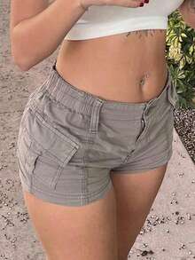 Women Y2k Cargo Shorts Solid Color Vintage Casual Summer Low Rise Elastic Shorts With Pockets E-Girls Slim Fitted Short Pants Club Streetwear - Xám - Xem 4