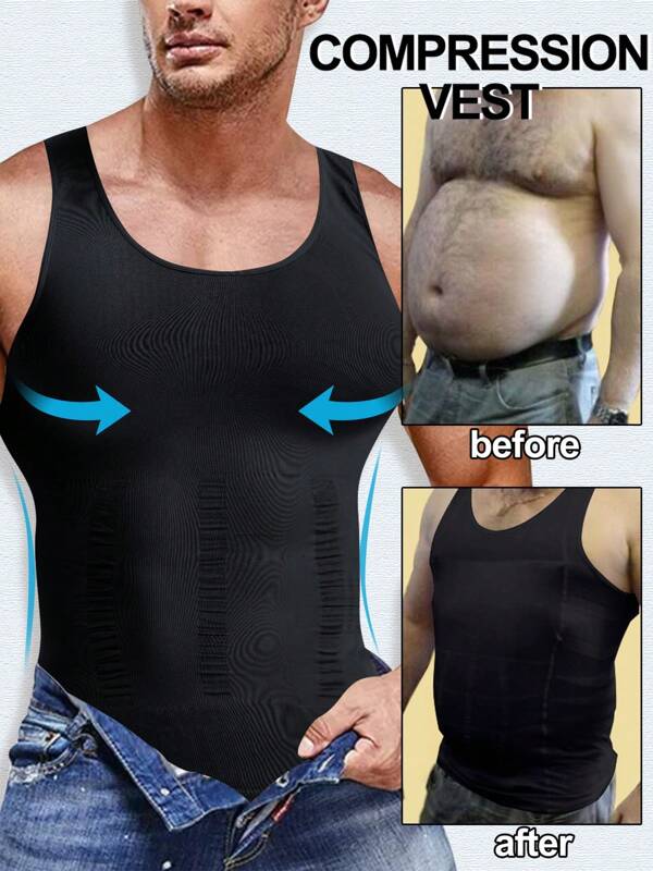 Men's Slimming Compression Shapewear Vest And Tight-Fitting Muscle Tank Top, Tummy Control Undershirt And Body Shaper With Abdomen And Belly Compression, Breathable Athletic Base Layer Shirt For Gym, Workout, Fitness, Sports, Training, And Gynecomastia - Slimming Belly Shaper Undershirts And Underwear Top For Boobs Support