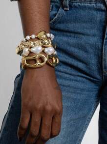 imoli Set de 4 pulseras elegantes y versátiles con perlas irregulares de resina blanca, corazón, nariz de cerdo y cuentas para mujeres, adecuado para fiestas y regalos (el tamaño de las perlas varía, cantidad de cuentas no especificada)
