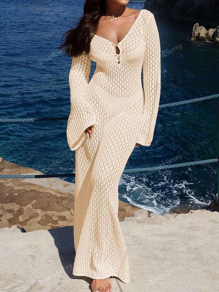 Robe de plage style bohème élégante à manches longues et décolleté en V, avec motif ajouré, pour vacances à la plage | Mode en ligne | SHEIN FRANCE