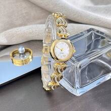 1 Piece Women's Gold Heart Studded Delicate Chain, Round Alloy Case, Arabic Numeral Dial, Cute & Fashionable Quartz Watch