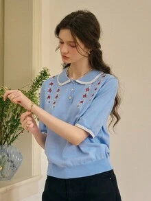 Simple Retro 春夏彼得潘领花卉刺绣修身短款针织开衫 - 藍色 - 查看 3