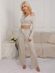 Runway Rest 2pcs Set Women Spring, Summer, Autumn, Winter New Quarter Button Long Sleeve Solid Color Tight Top & Pants Suit Cozy Outfit, Fall Clothes - Khaki - View 9
