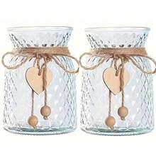 1pc Glass Vase With Wooden Hearts And Rope Modern Clear Textured Flower Vase Home Decor Centerpiece Table Decor Vase (Flowers Not Included) Gifts Birthday Graduation Back To School Room Decor School Supplies