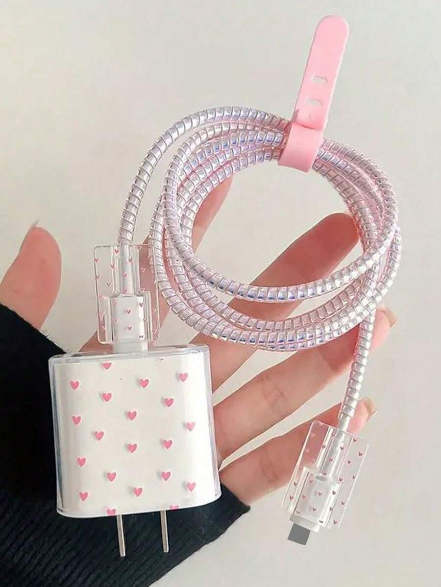 5pcs Cute Love Pattern Design Charger Case, Compatible With IPhone 18W/20W, Charging Cable Protective Cord, Charging Head Protective Case, TPU Material Anti Dirt, Japanese And Korean Style - Pink - View 1