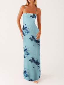 Women Spaghetti Strap Floral Print Maxi Dress Sleeveless Backless Cami Long Dress Summer Cross Tie-Up Party Dresses - 藍色 - 查看 1