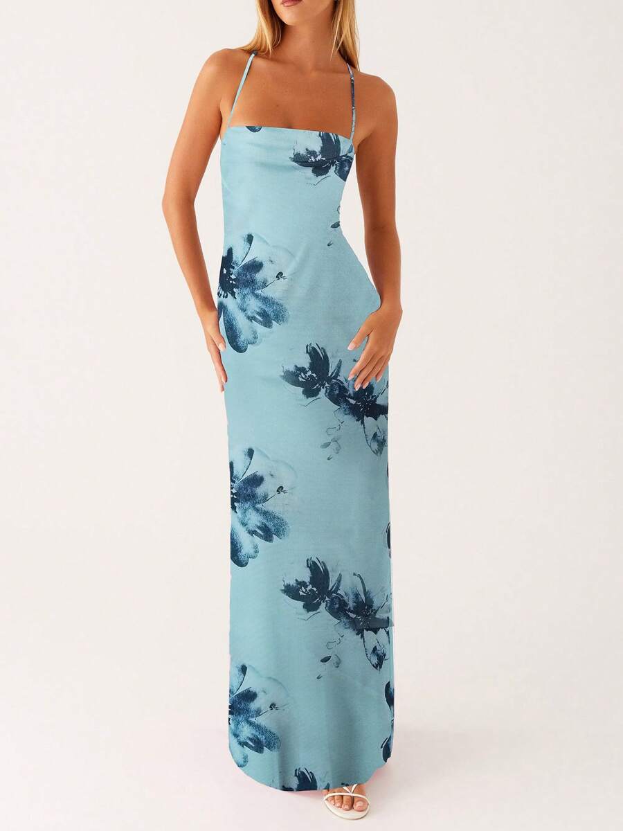 Women Spaghetti Strap Floral Print Maxi Dress Sleeveless Backless Cami Long Dress Summer Cross Tie-Up Party Dresses - 藍色 - 查看 1