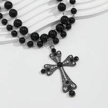 1pc Punk/Goth Style Exaggerated Faux Pearl Cross Multi-Layer Necklace For Women - Black - View 5