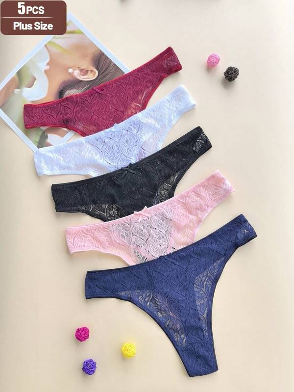 5pcs/Pack Plus Size Women Soft Lace Breathable Transparent Sexy Seamless Thong Panties