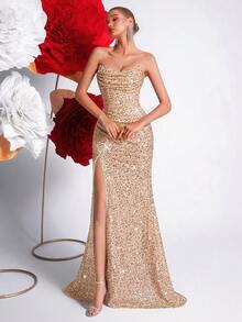 ADYCE Sequin V-Neck High Waist Backless Tie Strap Slit Dress, Suitable For Party, Wedding Guest Dress, Formal Dress, Evening Dress,Gown - Champagne - View 6